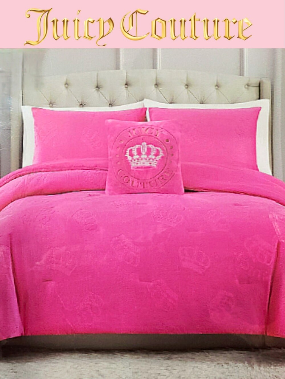 Juicy Couture Home Plush Logo Crown-Embroidered Queen Comforter Set